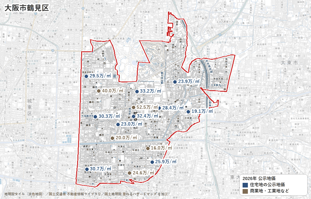 鶴見区の公示地価の地点と価格の地図