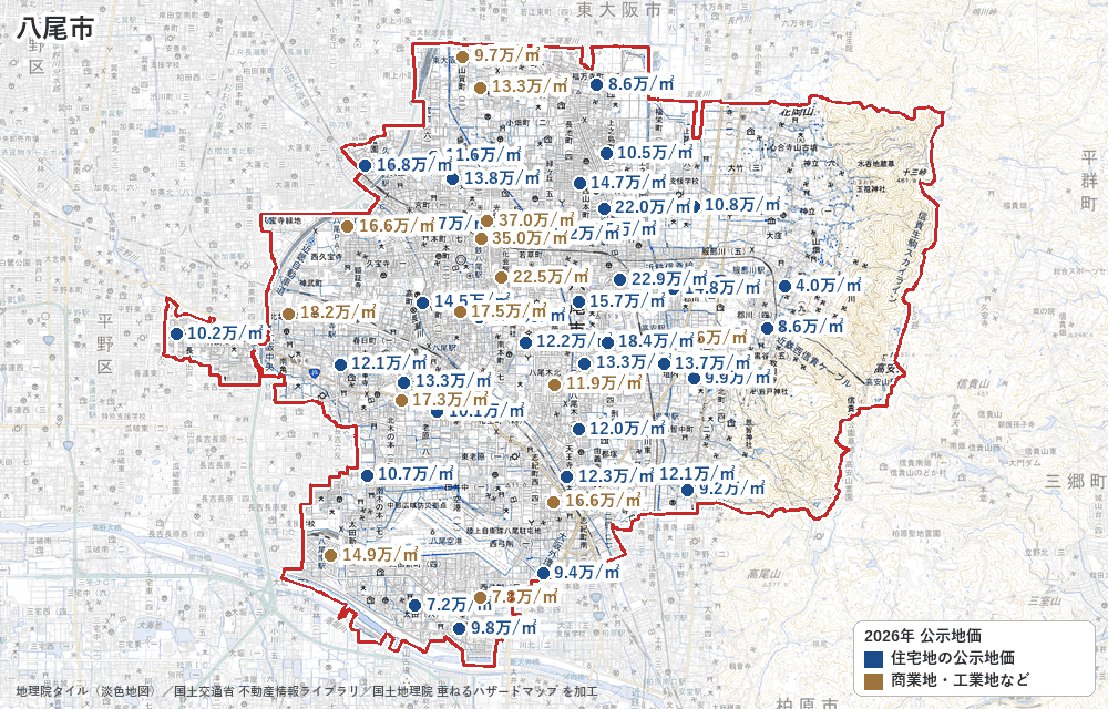 八尾市の公示地価の地点と価格の地図